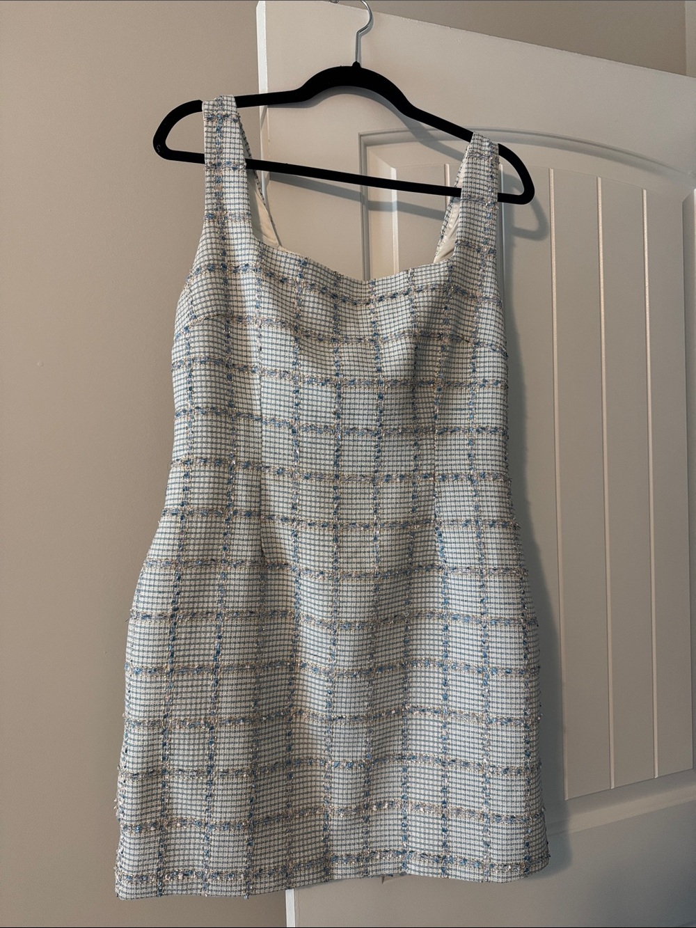 Sleeveless Tweed Mini Dress in Light Blue Plaid